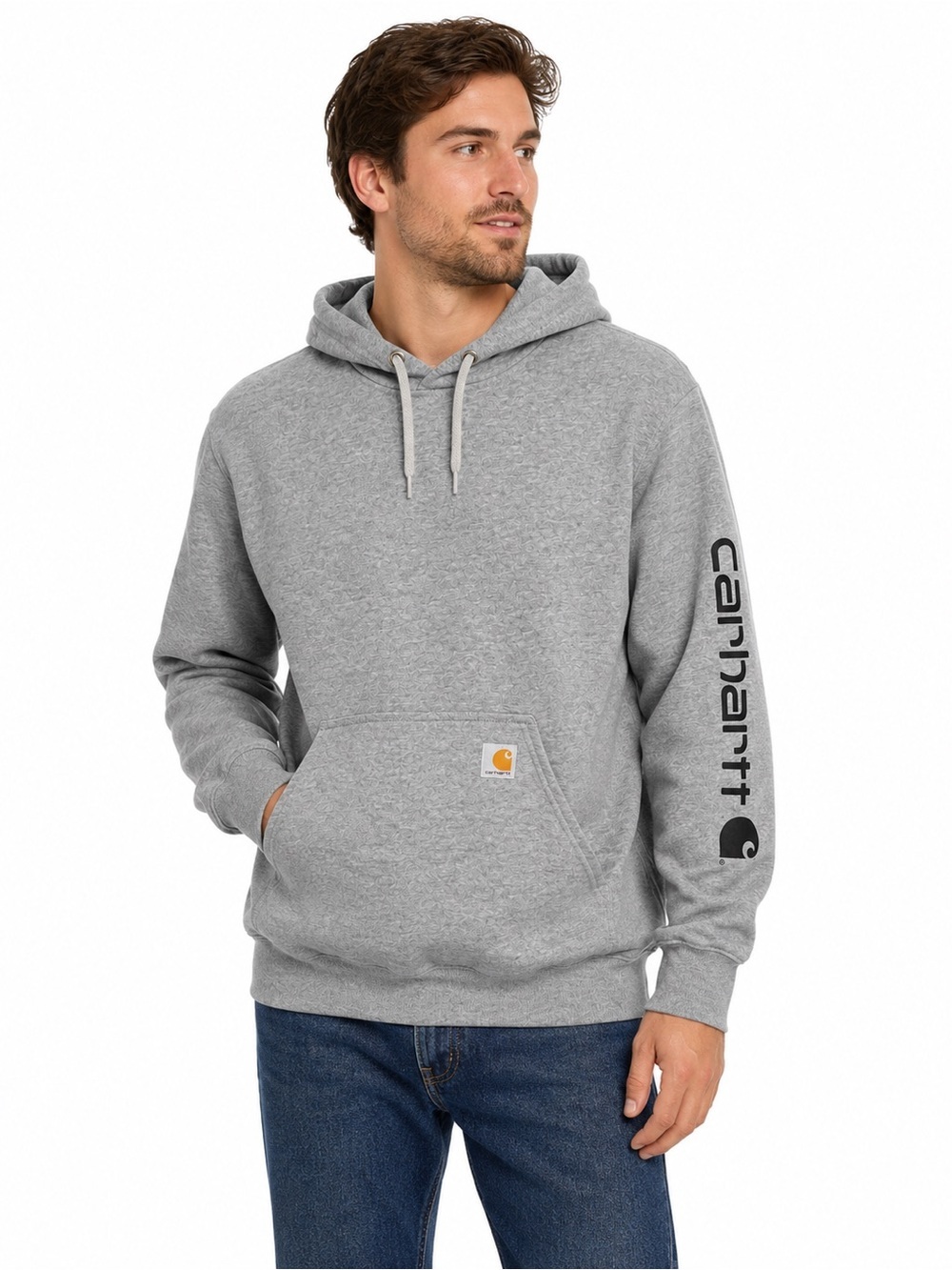 Carhartt Men’s XS Loose Fit Gray Hooded Sweatshirt Logo Pocket Hoodie